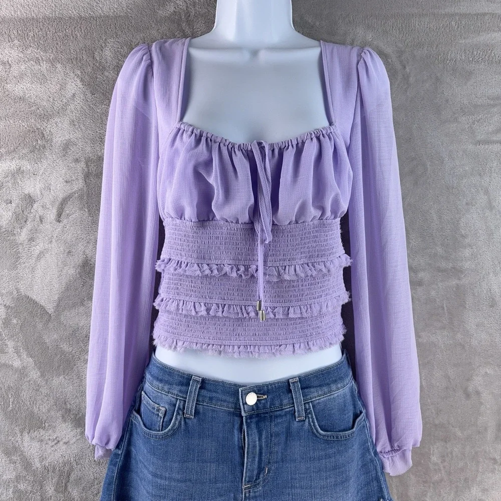 Free People Smocked Long Sleeve Top Womens Size XS Purple Peasant Boho‎ Sheer